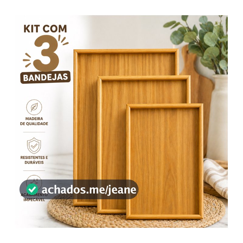 Kit 3 Bandejas De Bambu MDF Retangular Para Cozinha Servir Café da Manhã Decorar Conjunto Moderna e Elegante