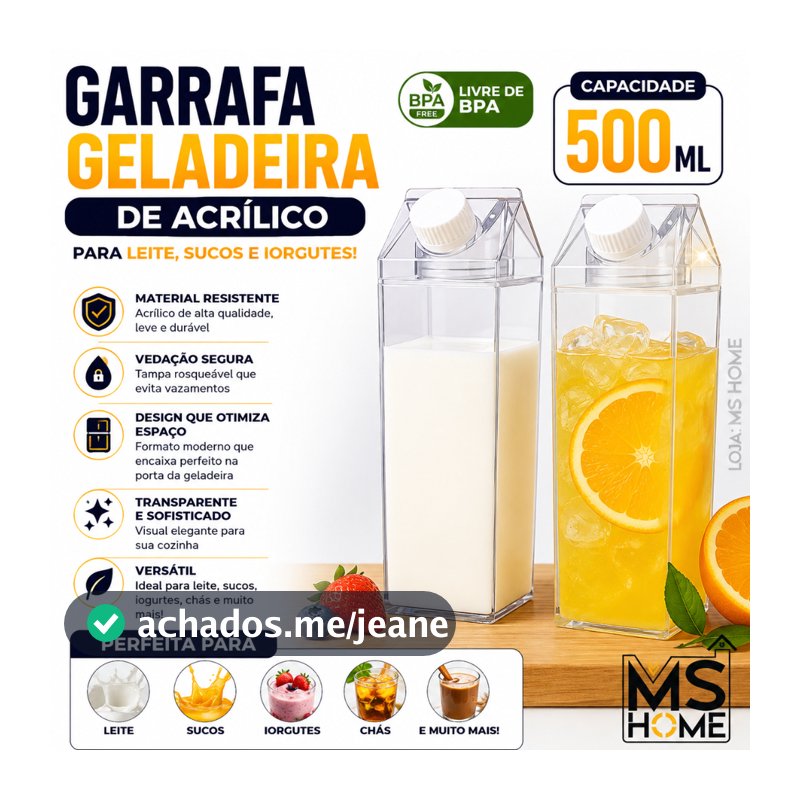 Garrafa Acrilica Leite 500ml Transparente Com adesivo Acrílico Caixa de Suco Água