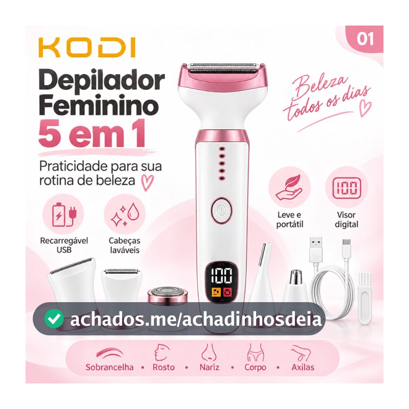 Depilador Feminino Elétrico 5 em 1 Corpo Rosto Aparador Pelos Sobrancelha Nariz Axila USB Portátil