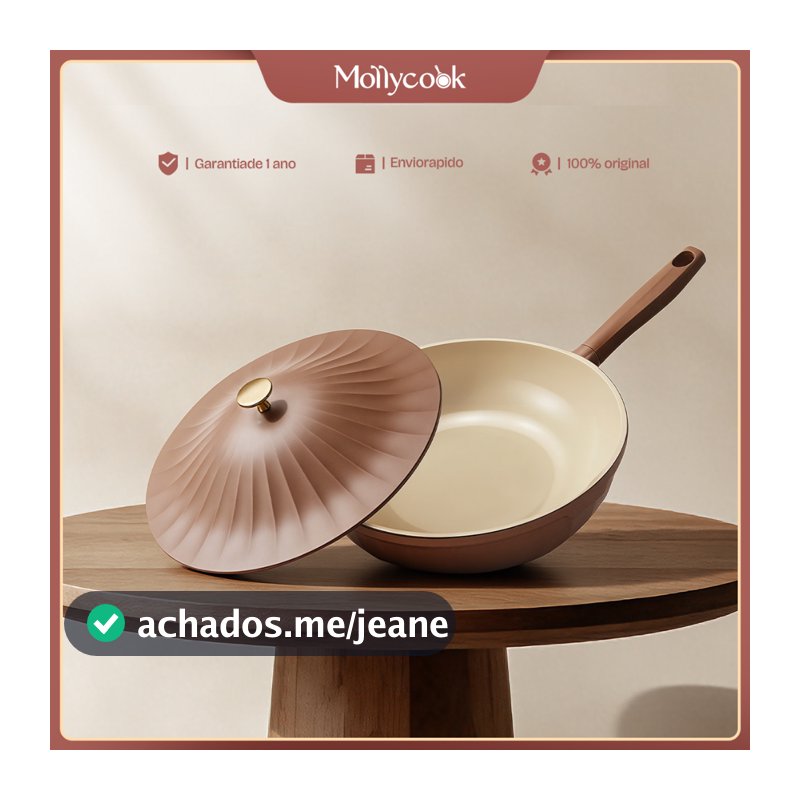 Mollycook Panela Wok Alumínio 32cm 5.7L Cerâmica Antiaderente Indução Gás Com Tampa