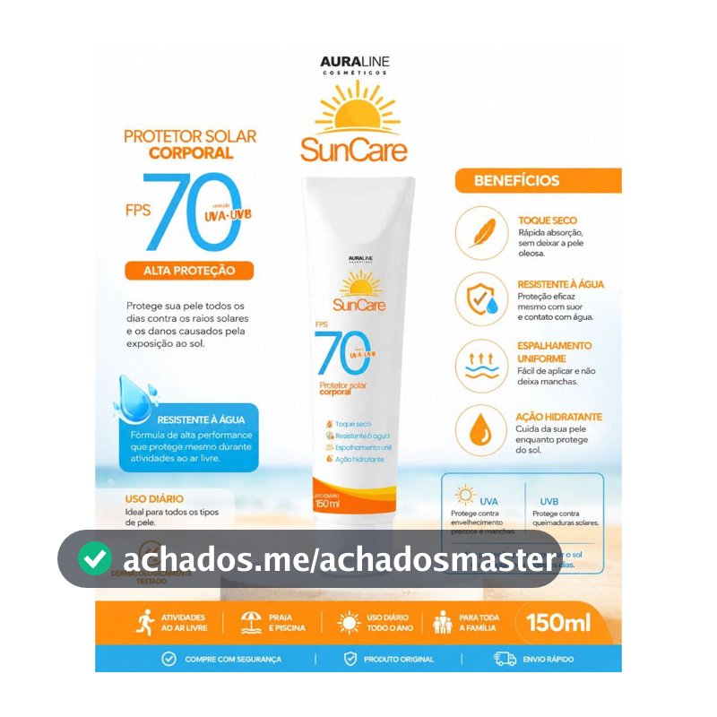 Protetor Solar Corporal FPS 70 150ml Toque Seco Resistente à Água Proteção UVA e UVB