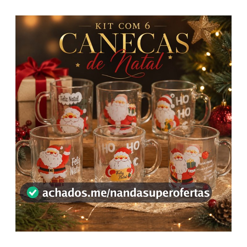 Kit 6 Canecas de Vidro Natalinas 250ml Estampadas Feliz Natal Presente de Natal Decoração Papai Noel