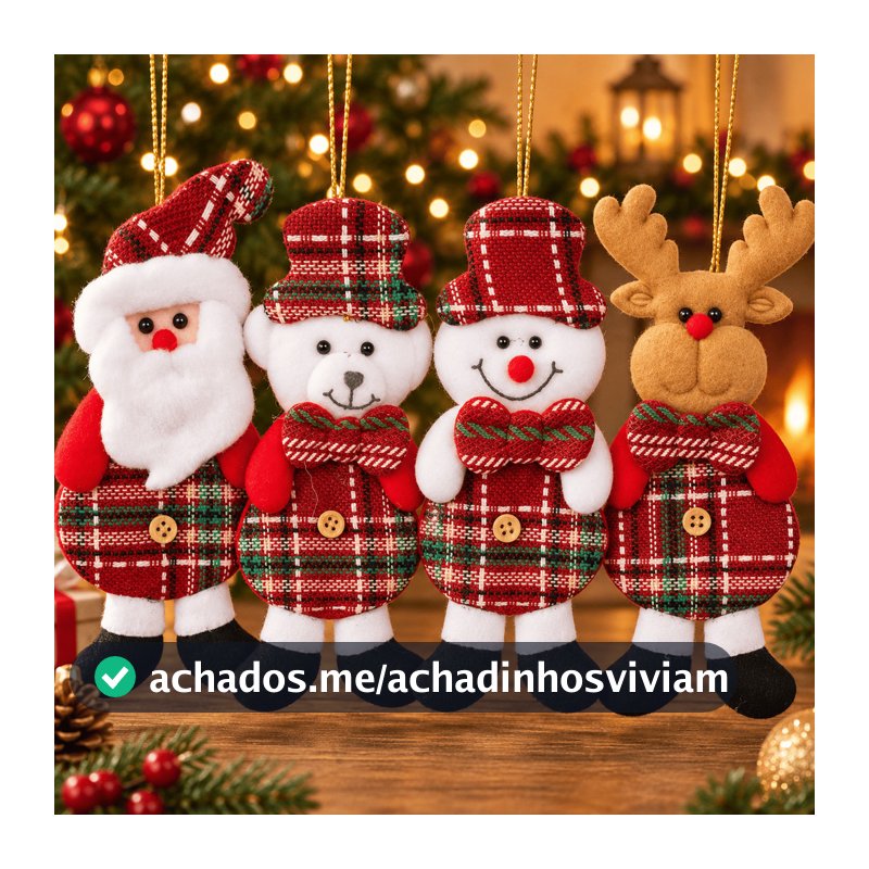 Kit 12 Enfeites Natalinos de Pelúcia 13cm  para Árvore de Natal Papai Noel Alce Urso Boneco de Neve