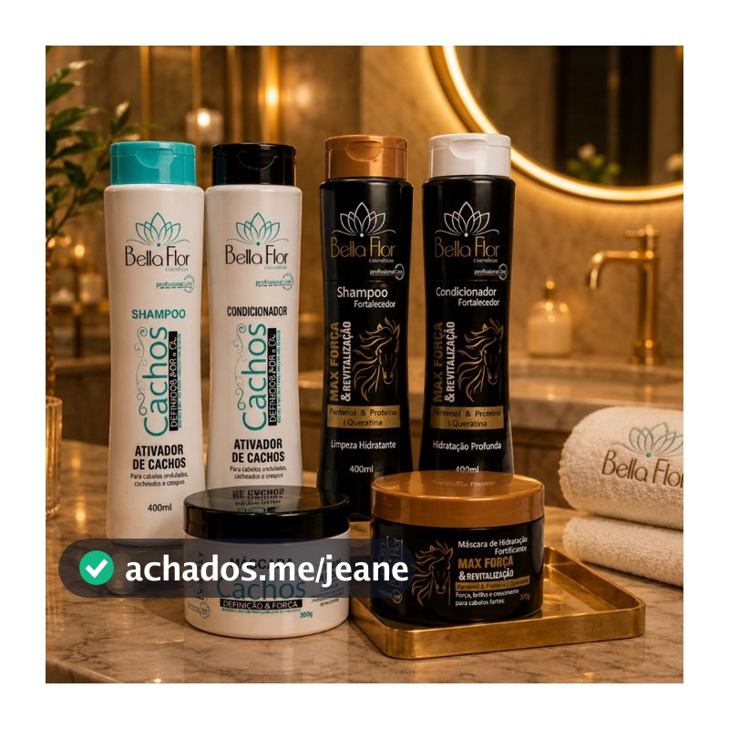 Kit Cachos e Força 6 Produtos com 2 Shampoos, 2 Condicionadores e 2 Máscaras Bella Flor Definição Anti-Frizz