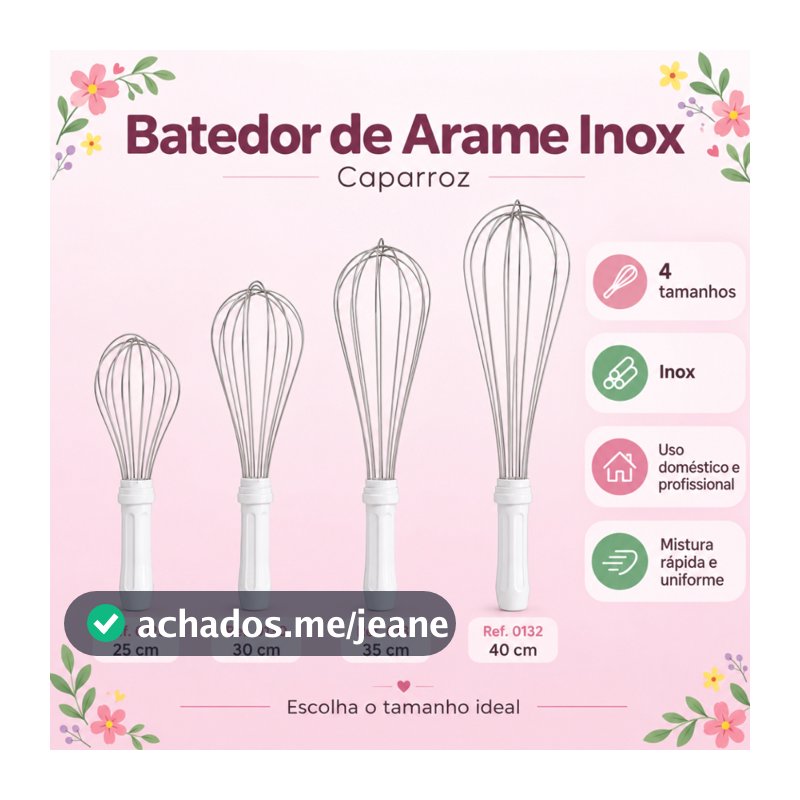 Batedor Fouet Inox Profissional Branco 25cm 30cm 35cm 40cm Fue Creme Clara Bolo Massa