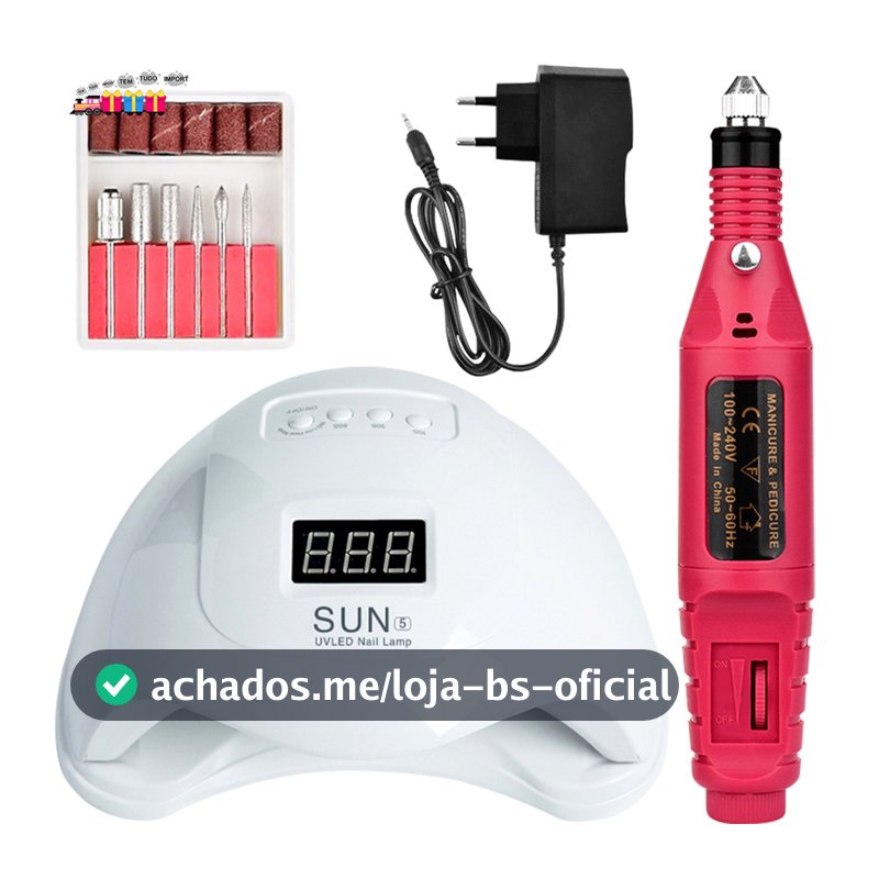 Kit Lixadeira Elétrica Motor Caneta + Cabine Estufa de Unhas 48W Sun 5 UV LED Manicure Profissional