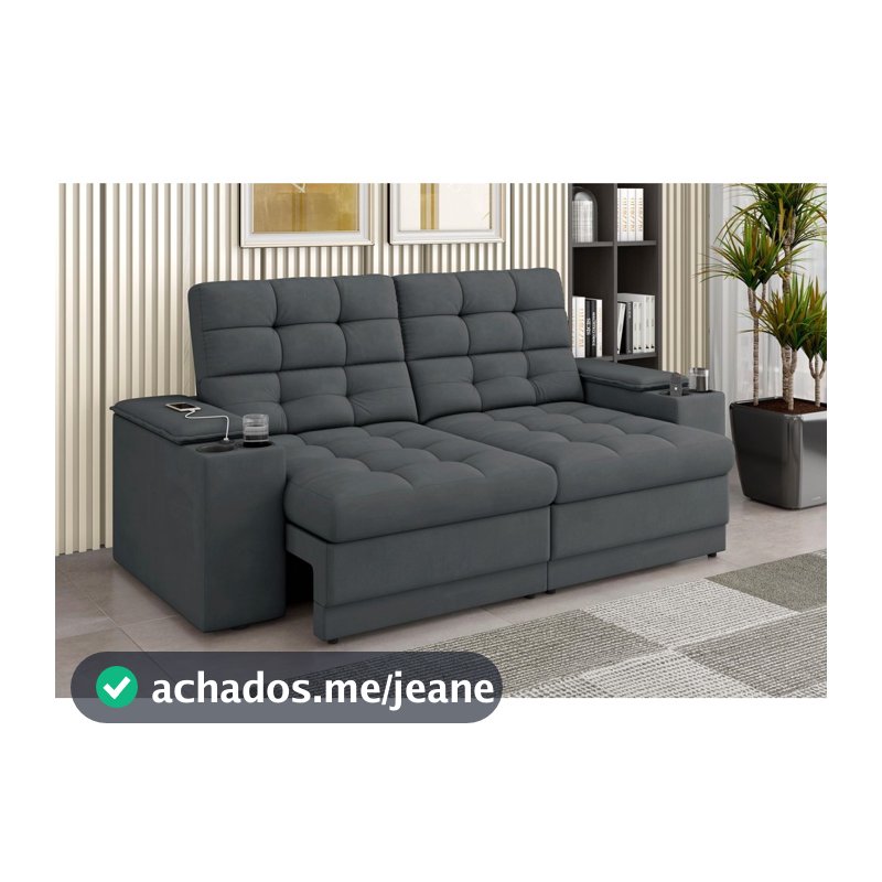 Sofá Confort Premium 2,05m Assento Retrátil/Reclinável porta copos e USB Suede Cinza - XFlex Sofas