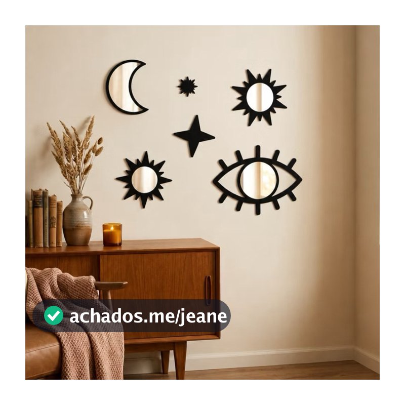 Kit 6 Espelhos Decorativos MDF Acrílico Espelhado Místico Celestial Sol Lua Olho Estrela Parede