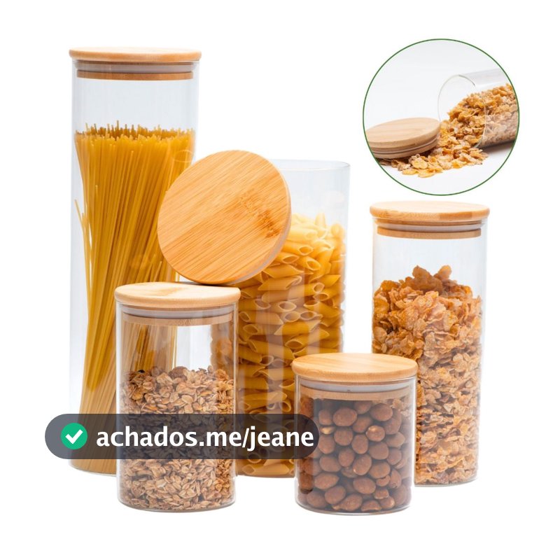 05 Potes de Vidro Hermético Transparente Tampa Bambu Porta Alimentos