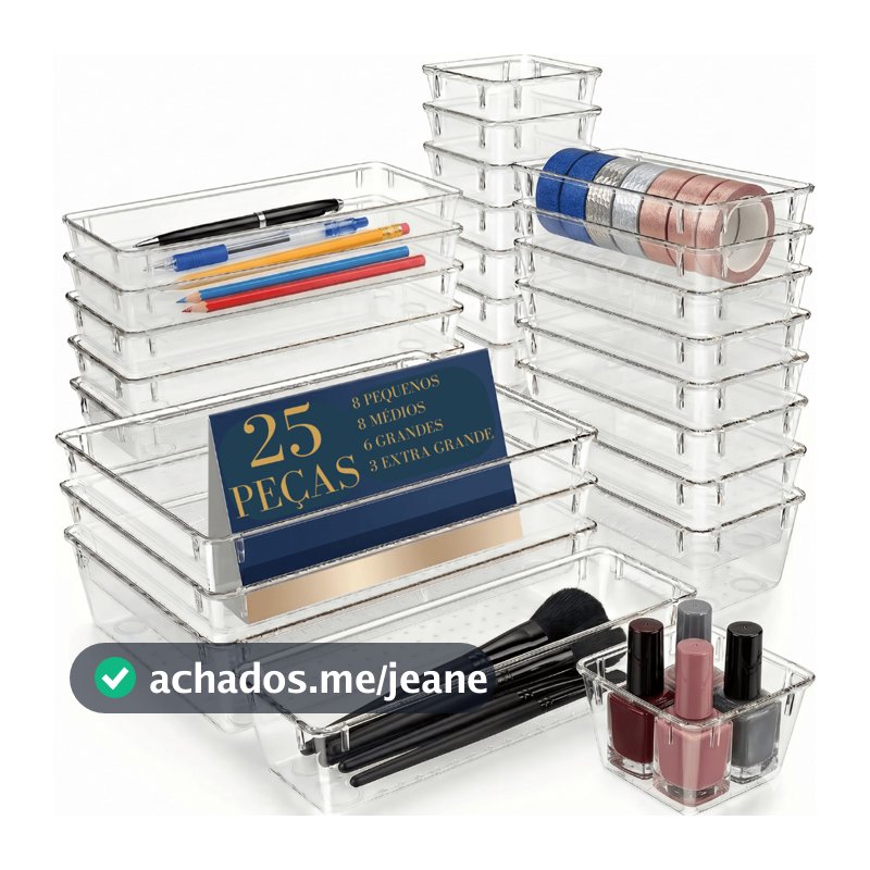Kit com 25 Organizadores Multiuso Modulares Armários Gavetas Despensas Geladeira Lavanderia Acrílico