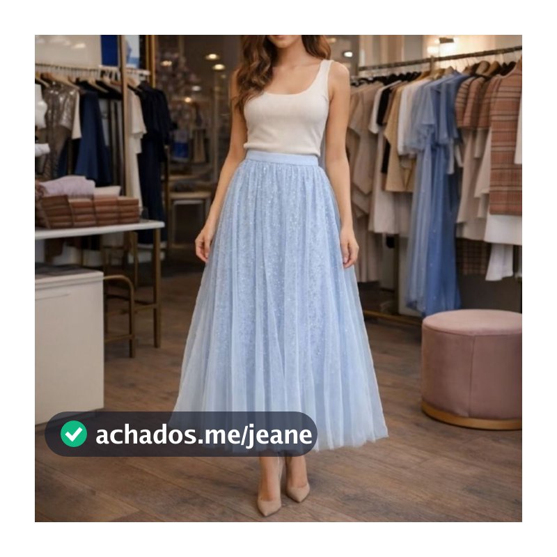 Saia de Tule com paetê, saia midi rodada com cós elástico, moda feminina.