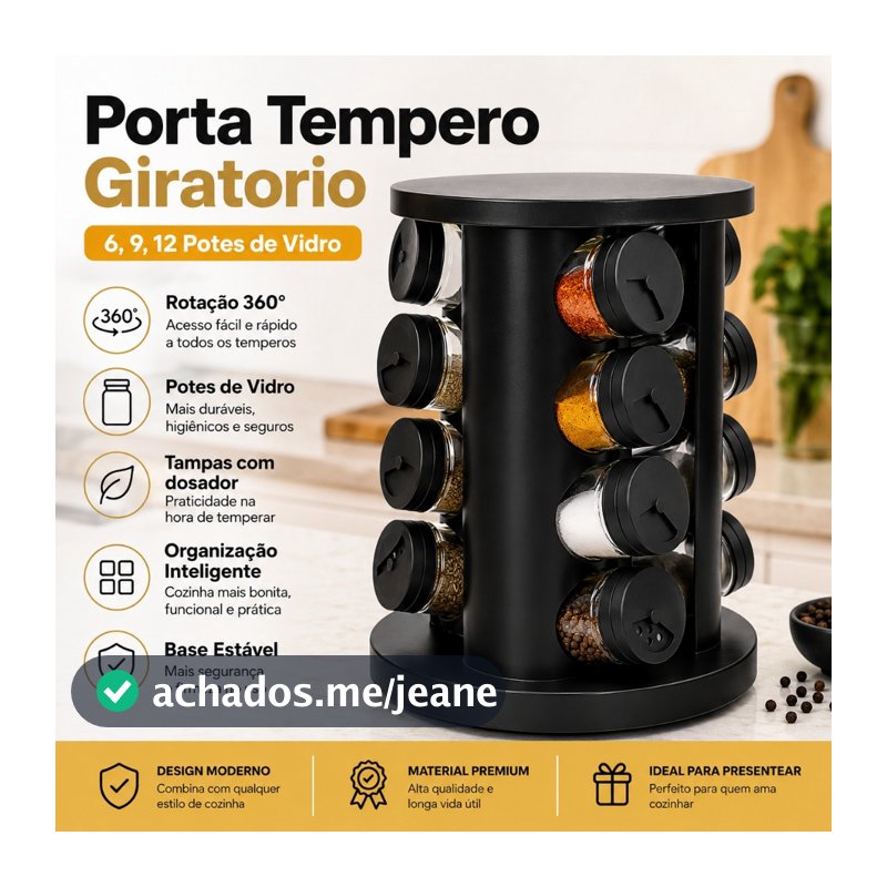 Porta Temperos Giratório 360 Graus 6, 9 ou 12 Potes de Vidro Organizador Cozinha Tampa Dosadora