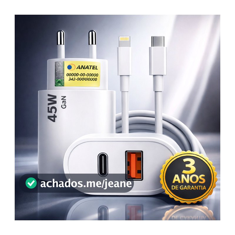 Carregador Turbo 45w Rápido Usb-c Branco Compatível Com iPhone 7, 8, X, Xr, Xs, 11, 12, 13 E 14