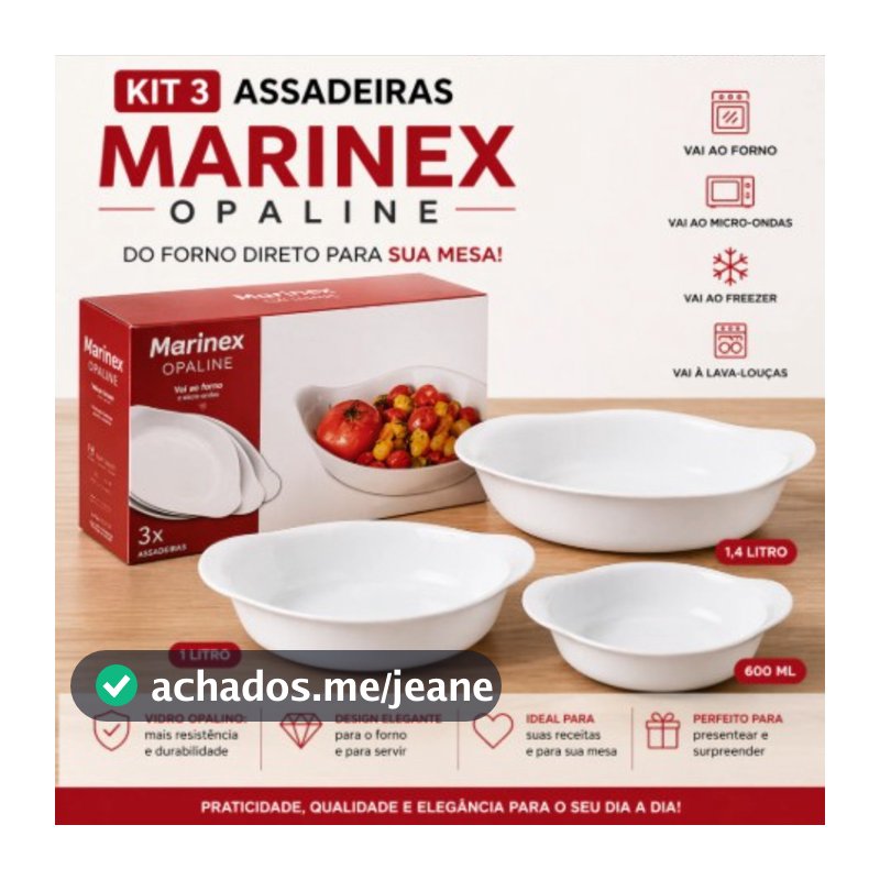 Conjunto Assadeiras Marinex Opaline Branco 3 Peças 1,4L 1L 600ml Ideal Forno e Micro-ondas Travessas