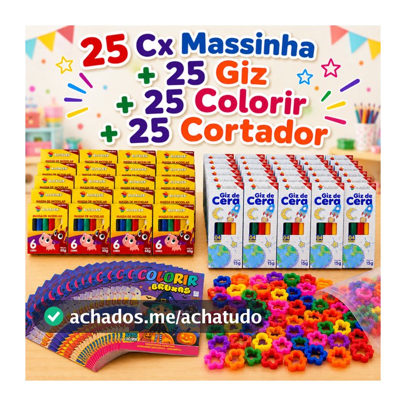 25 Cx Massinha de Modelar + 25 Colorir + 25 Giz Cera + 25 Cortador Kit Festa Lembrancinha Infantil