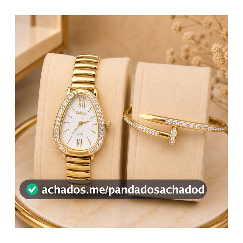 Kit Conjunto Relógio Feminino Gota Serpenti Dourado Ajustável Bracelete em Aço Inoxidável ou Pulseira Strass