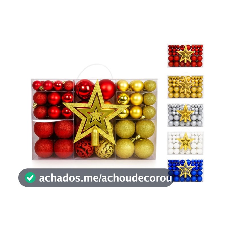 Kit 60/100 Bolas de Natal + Estrela Mista Lisas Glitter Decoração Enfeite Árvore de Natal LuvinCo