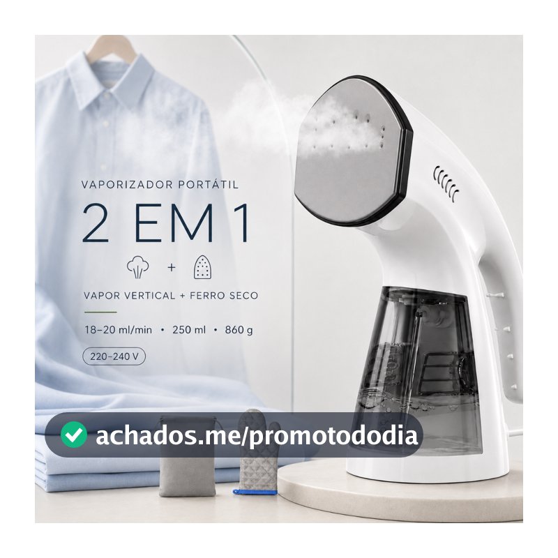 Ferro a Vapor Portátil S005 2 em 1 – Seco e Vapor, 220-240V, para Viagem e Uso Doméstico, 1600W, Vertical