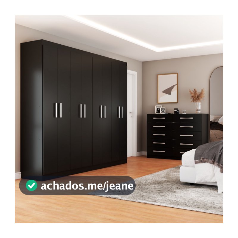 Quarto de Casal Ele e Ela Guarda-Roupa 8 Portas e 8 Prateleiras Cômoda 10 Gavetas