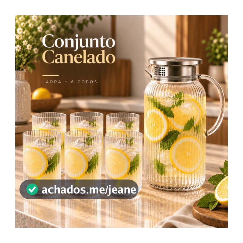 Conjunto Jarra 1.6L e 6 Copos 430ml Vidro Canelado Premium Resistente Kit Água Saborizada Suco Chá Drinks