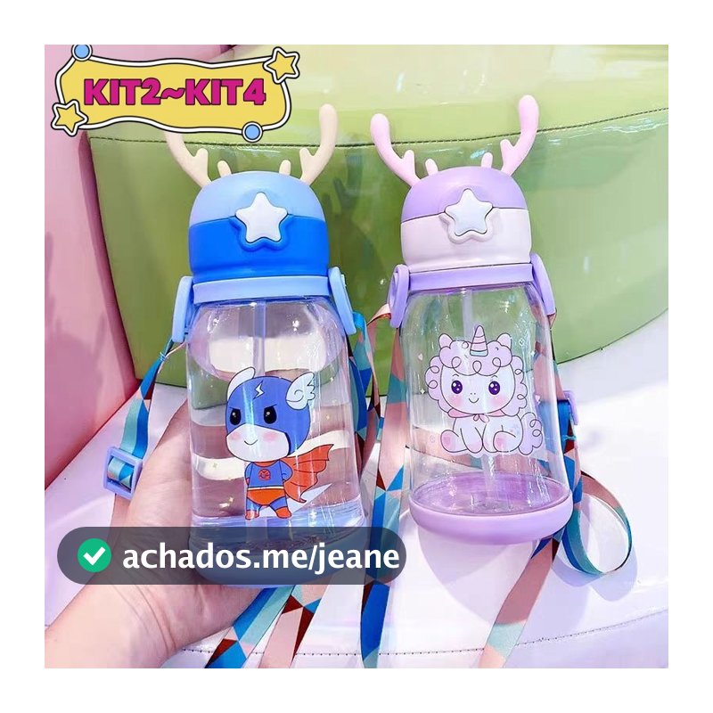 KIT2KIT4 Garrafas De Alce Água Portáti Infantil  600ml Com Canudo e Cordão Copos Desenho