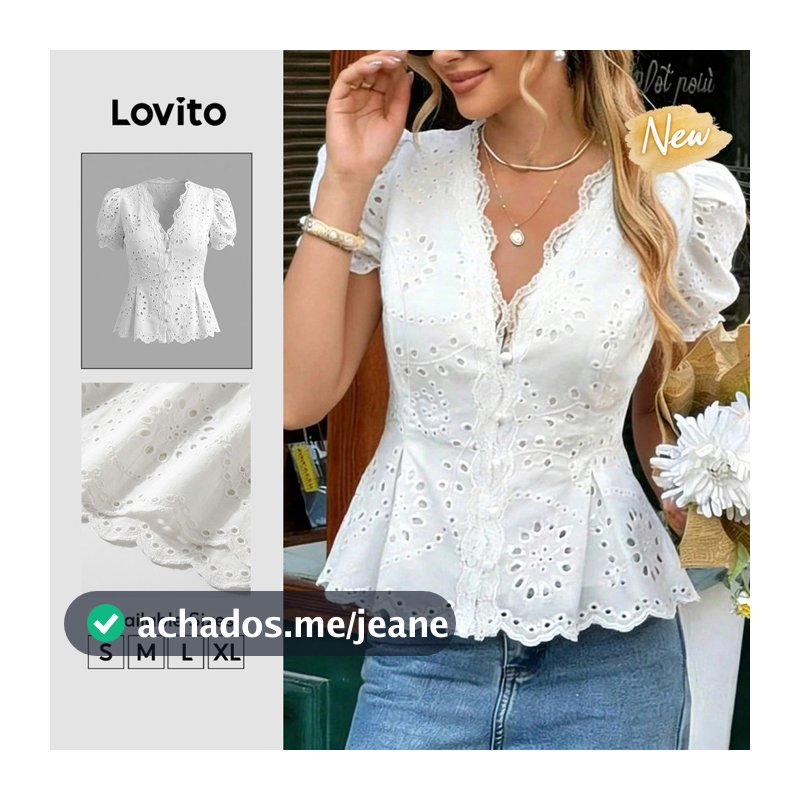 (New Arrival) Lovito Blusa Branca Feminina Boho Lisa De Manga Curta Com Decote Em V Babados Botões E Ilhós Para Primavera Verão Fins De Semana E Férias Casuais BLK11BR118