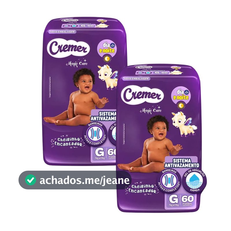 Kit 2 Fraldas Descartáveis Cremer Magic Care Hiper G 60 Tiras