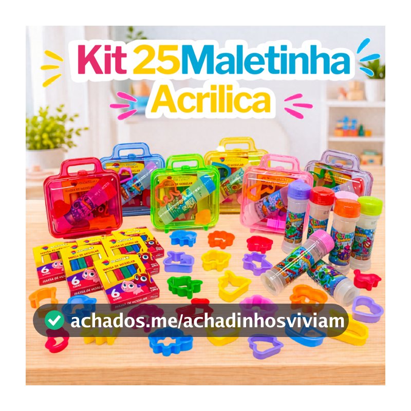 Kit 25 Massinha de Modelar + 25 Bolha de Sabão + 50 Cortador de Massinha + 25 Maletinha de Acrílico Lembrancinha