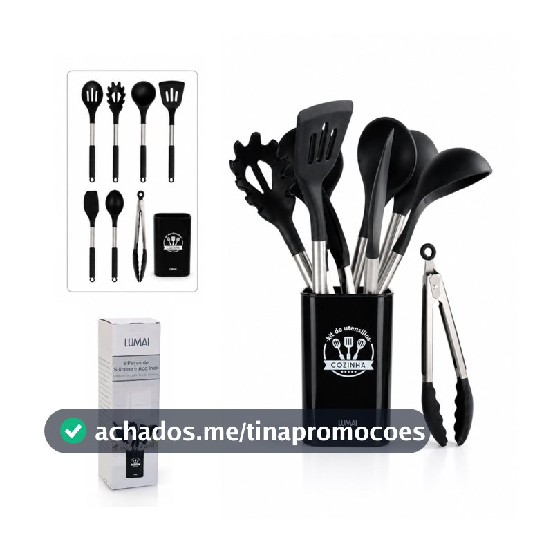 Lumai Kit Utensílios de Cozinha Silicone Cabo Inox 8 Peças Espátula Colher Concha Balde Berlim