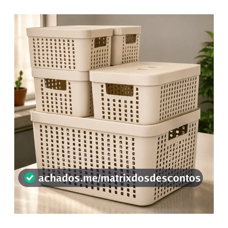 Kit 5 Caixas Organizadoras com Tampa Cesto Grande de Plástico 2 Litros 4,5 Litros 17 Litros