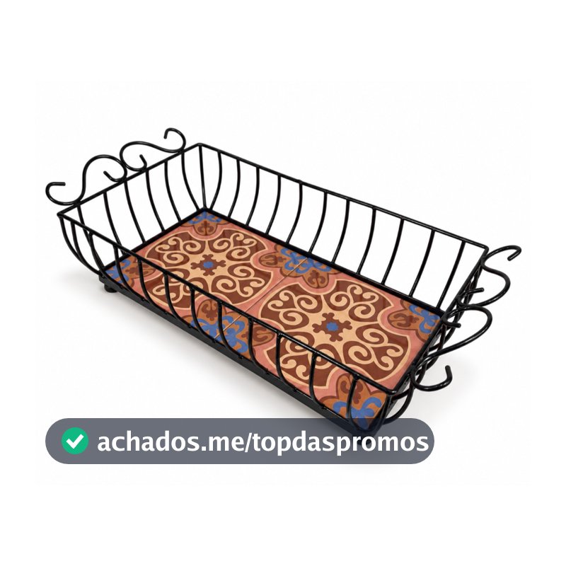 Fruteira de Mesa de Ferro com Ladrilho Decorado, Alças Laterais e Pintura Antiferrugem Servir e Decorar