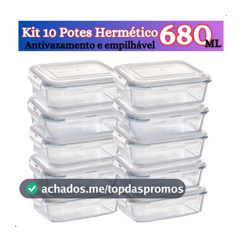 Kit de 6 até 12 Potes de Vidro 640ml - 370 ml Hermético Marmita Fit com Tampa 4 Travas Premium
