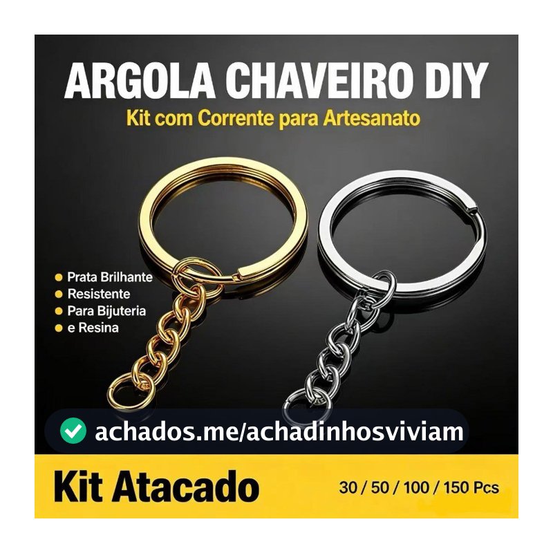 Chaveiro Argola com Corrente Dourado Prata Kit Atacado 25/50/100/150 Pcs DIY Bijuteria Resina Pingentes Artesanato
