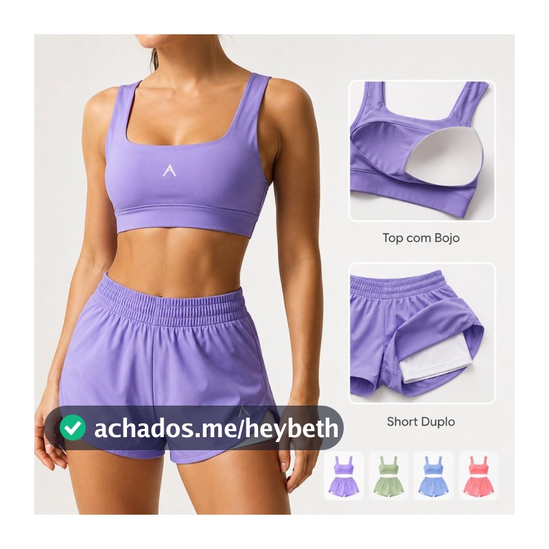 Conjunto Short Duplo Fitness Feminino Top com Bojo Premium Poliamida Tactel Academia Corrida Cintura Alta