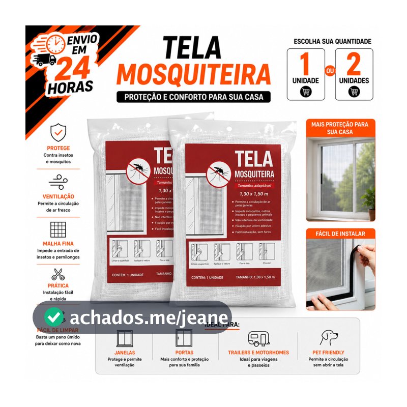 Tela Mosquiteiro Mosquiteira 1 ou 2 Para Janela 1,30x1,50 Com Fita Colante Velcro Anti-Inseto Mosquitos