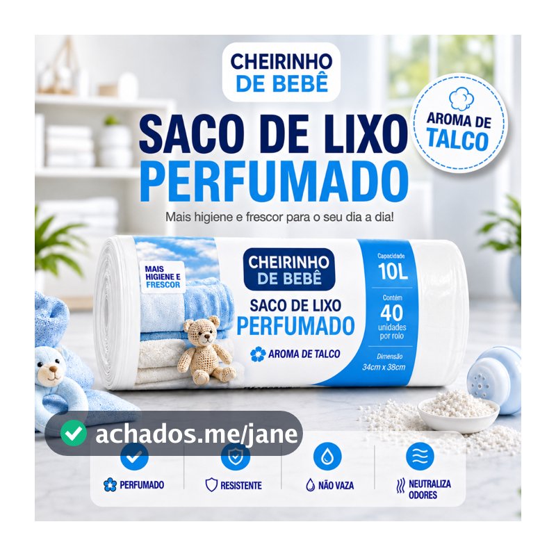 Saco de Lixo Perfumado Aroma Talco 10L 40 Sacos 34x38cm Pia Banheiro Anti Odor Mau Cheiro Resistente