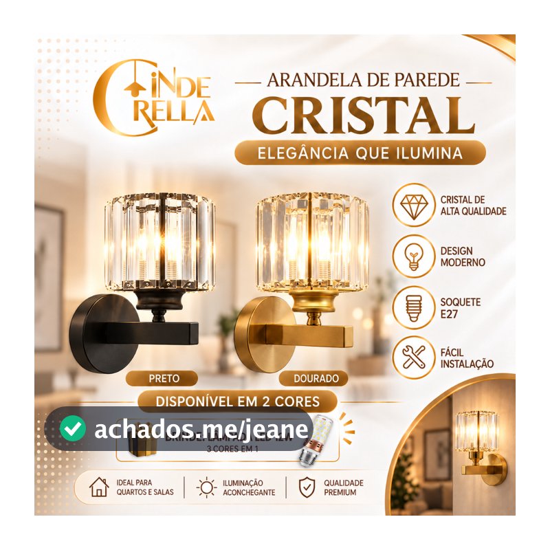 Arandela Parede Metal Cristal Moderno Elegante Sala Quarto Lavabo Banheiro Bocal E27 Dourado Preto