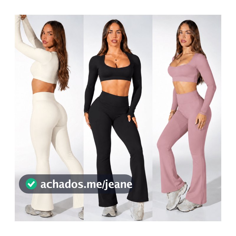 Conjunto Fitness Bailarina Top Manga Longa Legging Cintura Alta Modelo Flare Sem Transparência
