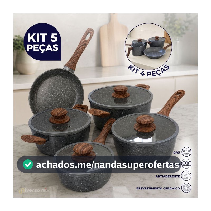 Conjunto 4 ou 5 Panelas Antiaderente Revestimento Cerâmica Fogão Indução e à Gás Grafito