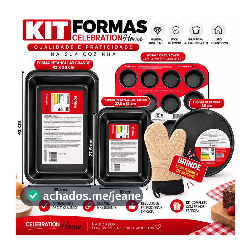 Kit 4 Formas: Assadeira 42cm, Pizza 35cm, Cupcake 12 Cavidades e Pão + Luva Brinde