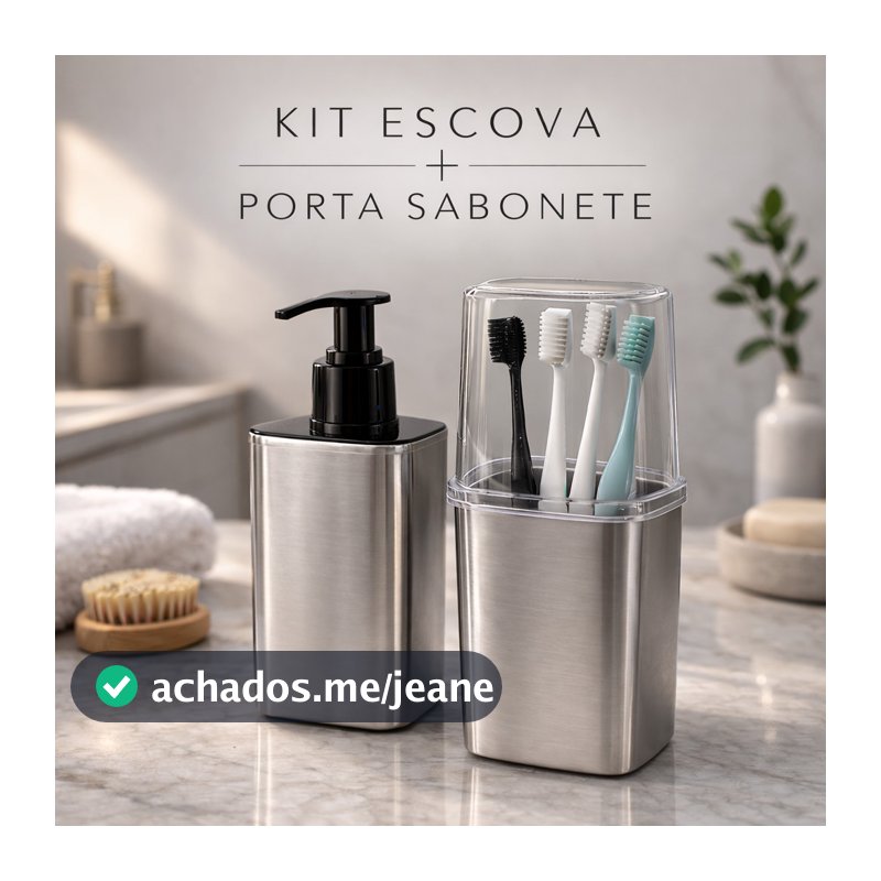 Kit Utensílios Prata 2 pçs Dispenser Porta Sabonete Liquido + Porta Escova Dentes Inox Toalete Luxo