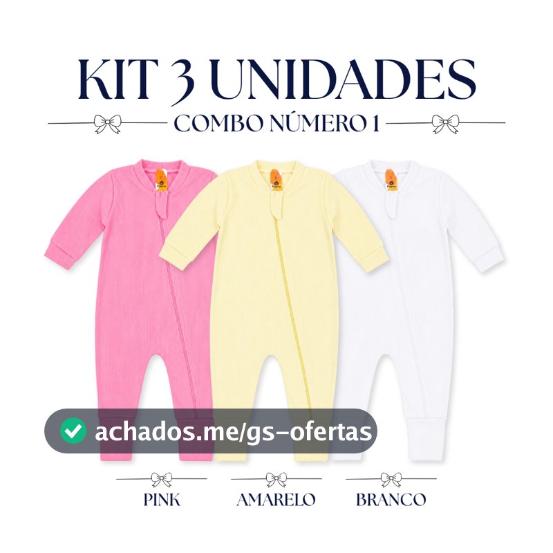 Kit 3 Macacão Bebê Longo Vira Pé Zíper Diagonal Algodão Poliéster Menina Enxoval Maternidade Presente Canelado