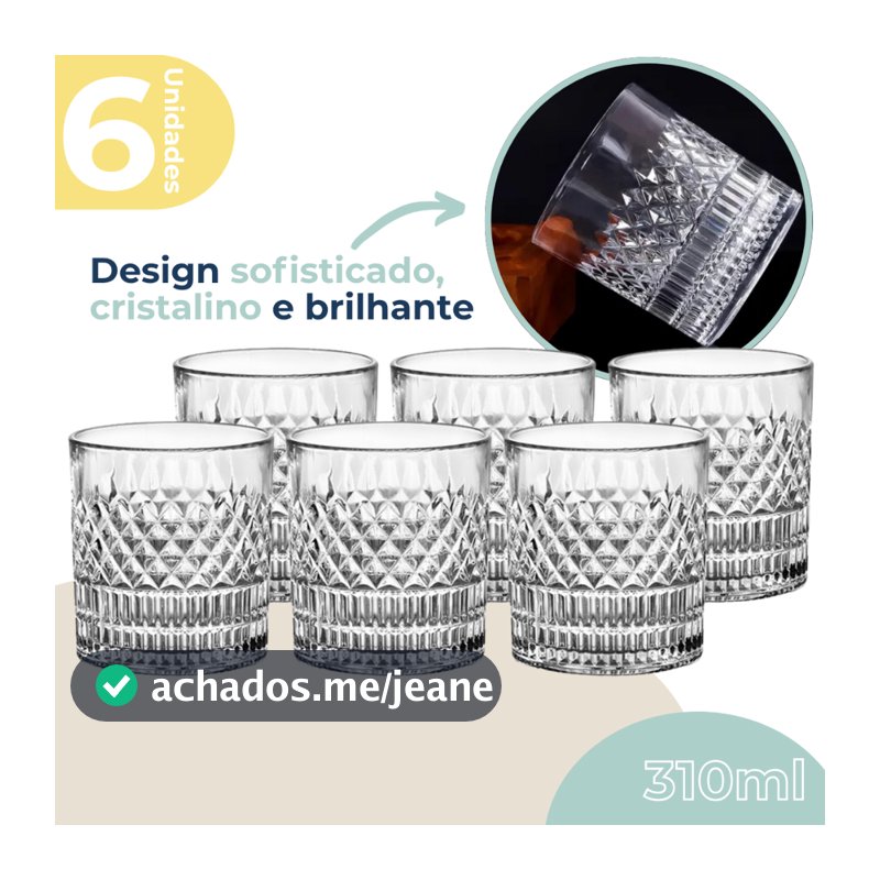 Copo De Whisky Cristal Ecológico Bebidas Drinks Baixos 310ml Esplanada 6 Unidades