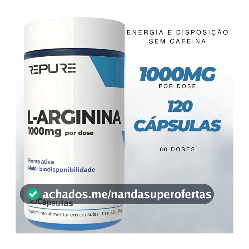 Suplemento Alimentar REPURE Arginina 100% Pura  Energia e Disposição  Pré Treino Sem Cafeína 120Caps