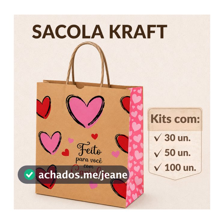 Sacolas Papel Kraft Romântica Corações Presente Feito c/ Carinho G  30x13,5x35