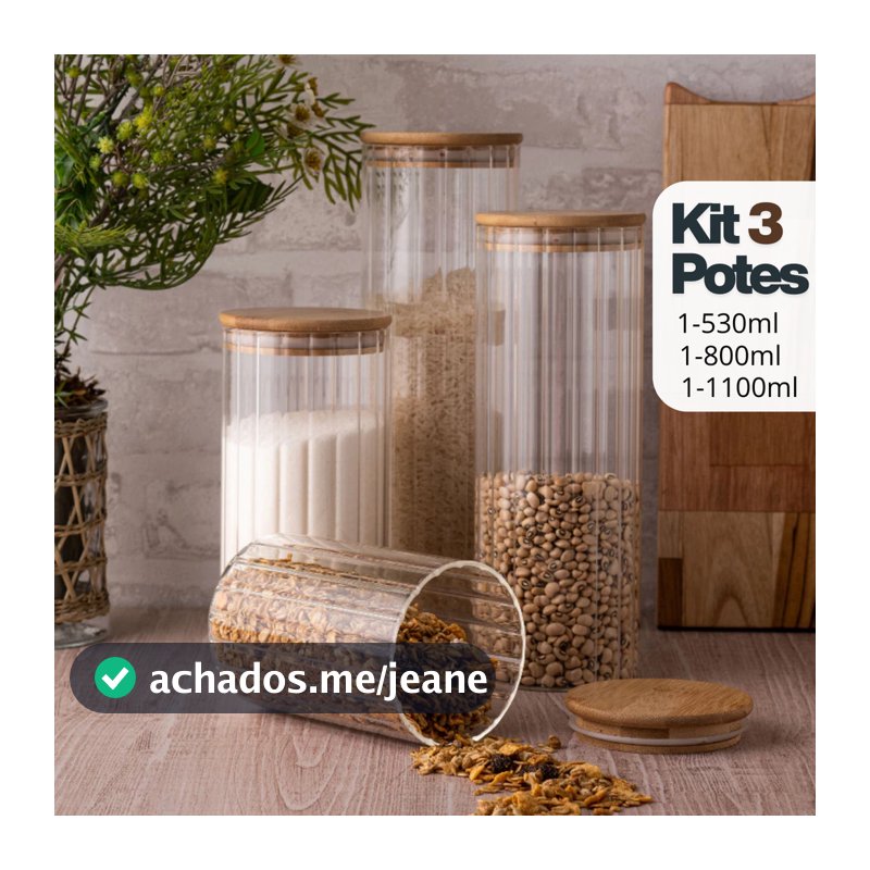 Kit 3 Potes De Vidro Canelado Hermético Mantimentos Com Tampa Bambu 1100ml 800ml e 530ML