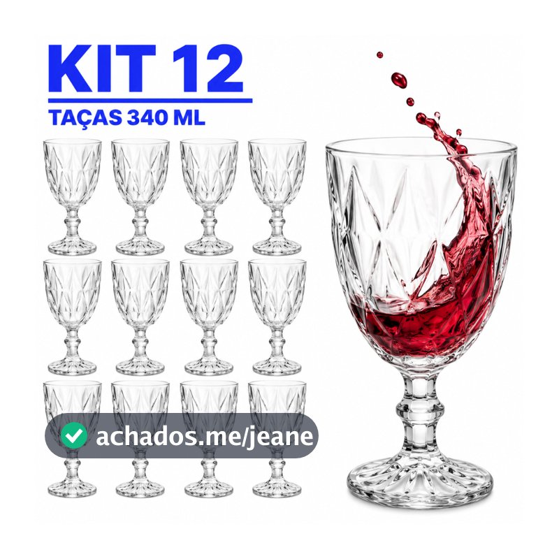 Jogo De 12 Taças De Vidro Diamond 340ml Transparente