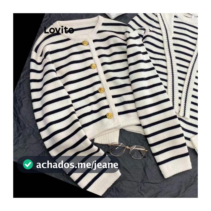 Lovito Curto Casual Cardigans Listrados Com Botões Frontais Baggy Para Mulheres LNL61203