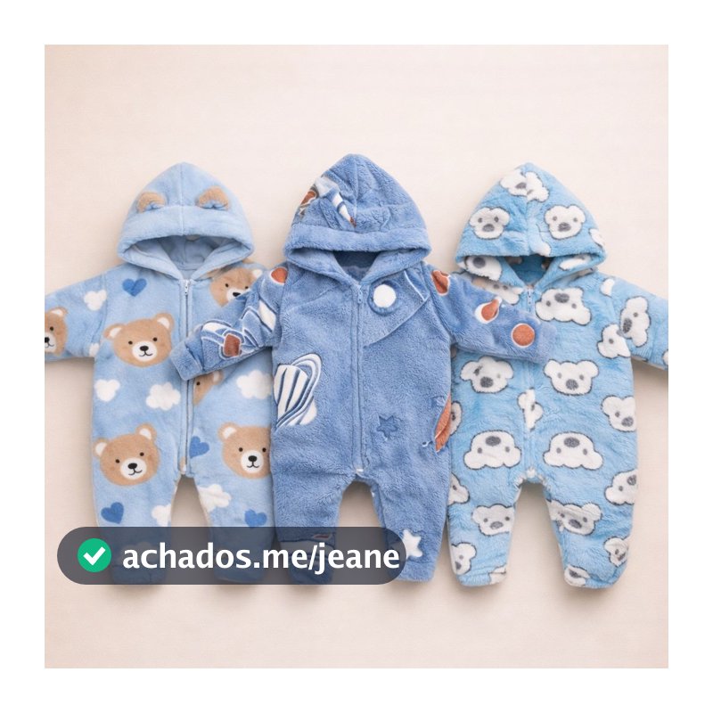 Kit 3 Peças Macacão Bebe Inverno Microfibra Com Capuz Menino