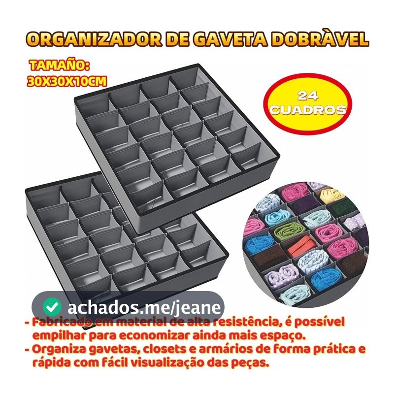Organizador De Gaveta Dobrável Intimas Meias Cueca Calcinha 30X30X10CM Com 24 Possível Empilhar